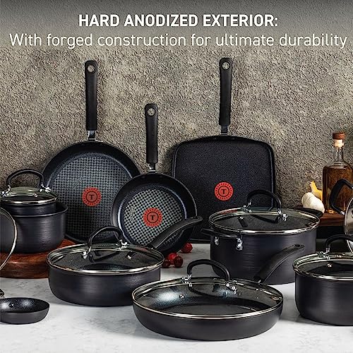 T-Fal Hard Anodized Nonstick Cookware Set 17 Piece with Fry Pan - Pots, Pans, Saute-Pan - Dishwasher Safe - Black