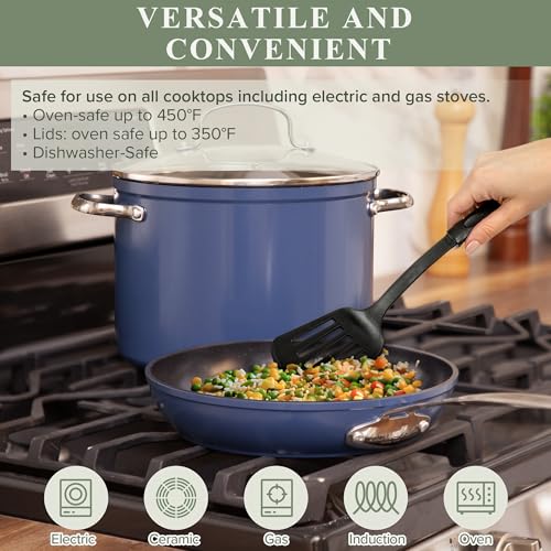 Nuwave Healthy Duralon Blue Ceramic Cookware Set, Scratch-Resistant, PFAS Free, Induction Ready, Oven Safe, Tempered Glass Lids