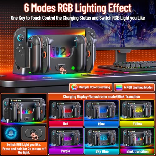 Wenocally Switch 2 Joycon Charger Station with 6 RGB Lights