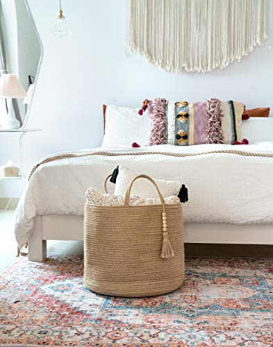 Mkono Rope Basket with Wooden Bead Decoration for Home Storage