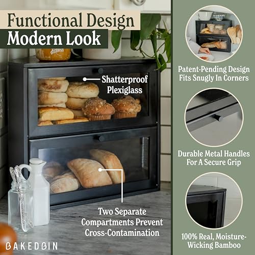 Black Double Layer Bread Box: Airtight Vintage Storage for Homemade Bread, Kitchen Countertop Organizer