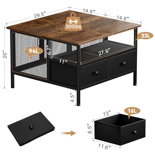 FABATO Square Coffee Table: Farmhouse Style, Lift-Up Top, Wire Mesh Barn Door, Storage, Steel Frame, Small Tea Table, Black