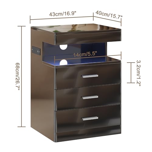 Treocho Modern Nightstand, 3-Drawer with Charging Station, RGB Lights