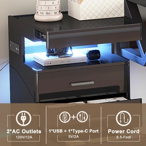 Treocho Modern Nightstand, 3-Drawer with Charging Station, RGB Lights