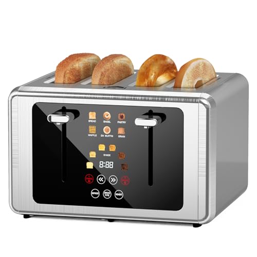 Brand 4-Slice Toaster: Touchscreen, Dual Control Panel, 6 Shade Settings, 6 Bread Types, Smart Features, Silver