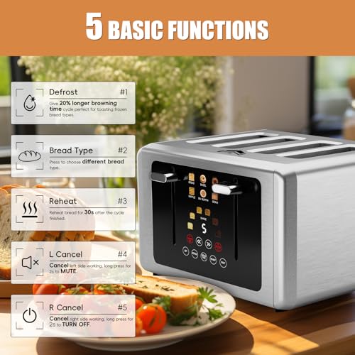 Brand 4-Slice Toaster: Touchscreen, Dual Control Panel, 6 Shade Settings, 6 Bread Types, Smart Features, Silver