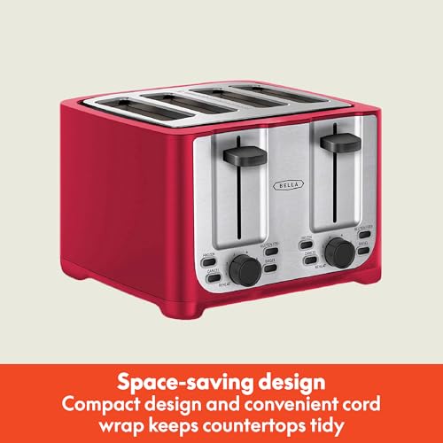 BELLA 4 Slice Toaster - Wide Slots, Removable Crumb Tray, Red