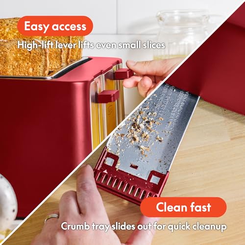 BELLA 4 Slice Toaster - Wide Slots, Removable Crumb Tray, Red