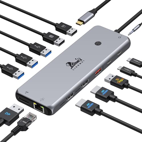 LIONWEI USB C Hub: 13-in-1 Docking Station, Dual Monitor Support, 8 Ports, Ethernet, Audio - For MacBook, Dell, HP, Lenovo, Surface