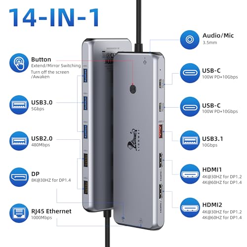 LIONWEI USB C Hub: 13-in-1 Docking Station, Dual Monitor Support, 8 Ports, Ethernet, Audio - For MacBook, Dell, HP, Lenovo, Surface