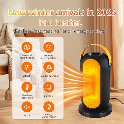 Brand Portable Electric Heater Fan, Energy Efficient PTC Space Heater with Safety Features, 6 Adjustable Modes for Office Room