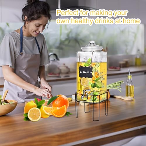 Glass Drink Dispenser with Stand and Lid, 2-Gallon Beverage Dispenser for Parties, Spigot, Ideal for Lemonade, Juice, Iced Tea