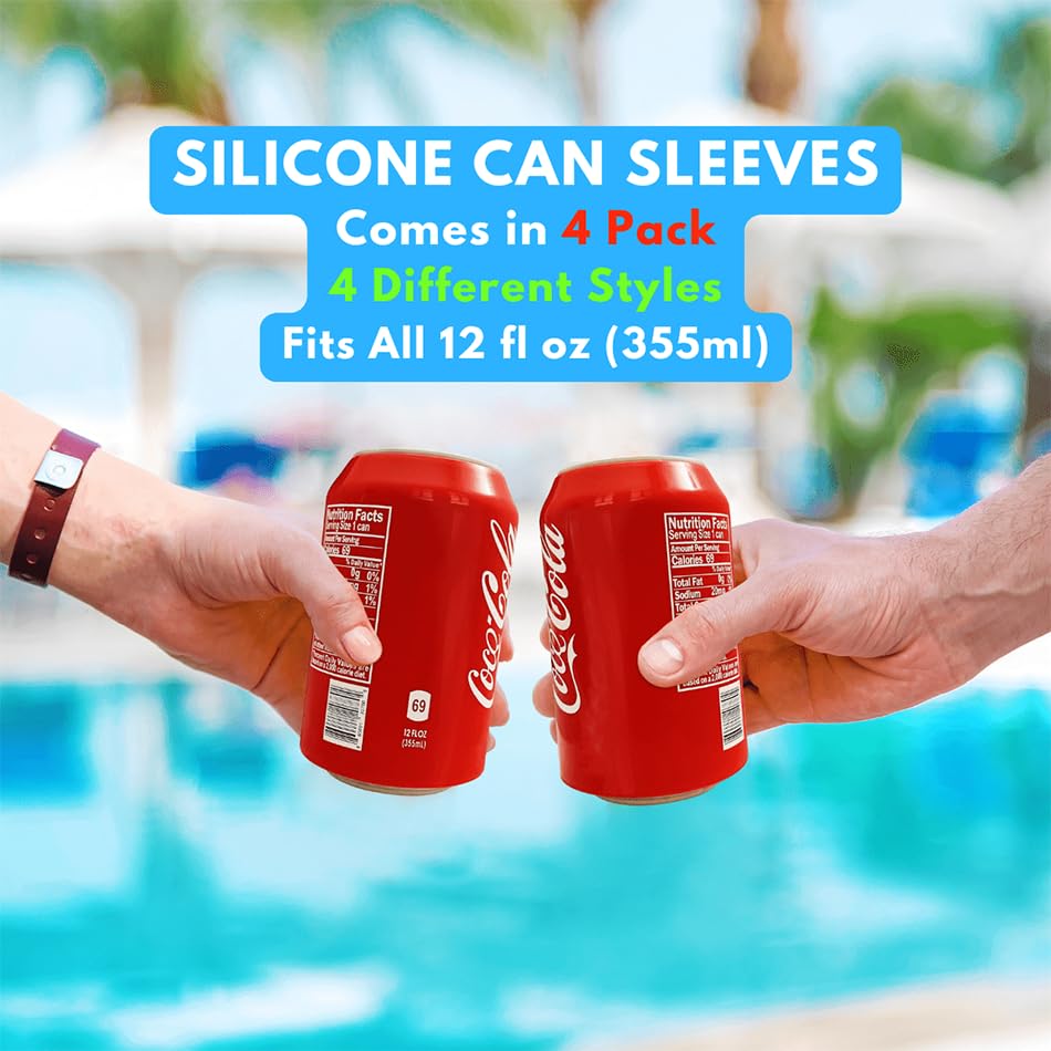 Soda Can Silicone Sleeves, Can Covers, Wraps, 12 oz (4 Pack)