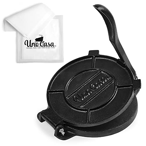 Uno Casa Cast Iron Tortilla Press - 8 Inch Pre-Seasoned Maker + 100 Pcs Parchment Paper - Roti & Taco Press for Authentic Cooking