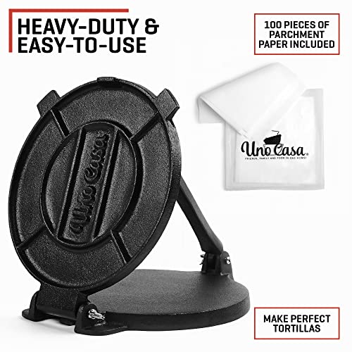 Uno Casa Cast Iron Tortilla Press - 8 Inch Pre-Seasoned Maker + 100 Pcs Parchment Paper - Roti & Taco Press for Authentic Cooking