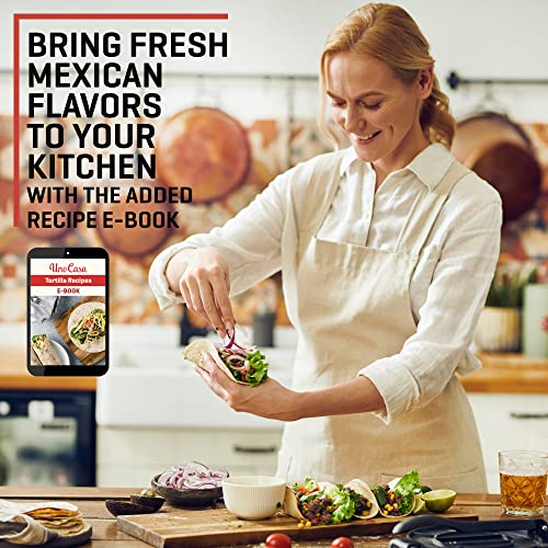 Uno Casa Cast Iron Tortilla Press - 8 Inch Pre-Seasoned Maker + 100 Pcs Parchment Paper - Roti & Taco Press for Authentic Cooking