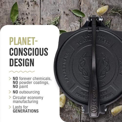 Victoria 8-Inch Cast Iron Tortilla Press: Commercial-Grade Roti Maker, Pataconera with Flaxseed Oil, Made in Colombia