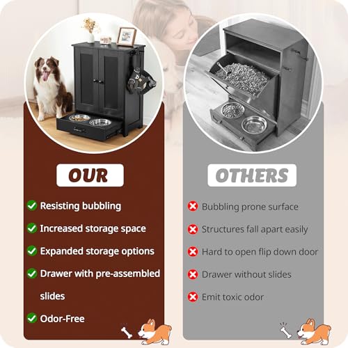 ALINE FURNITURE Dog Feeding Station: Storage Cabinet, 2 Elevated Bowls, Wood Organizer