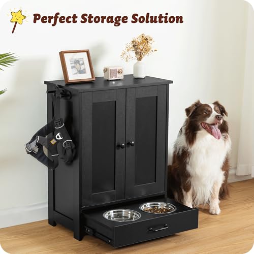 ALINE FURNITURE Dog Feeding Station: Storage Cabinet, 2 Elevated Bowls, Wood Organizer