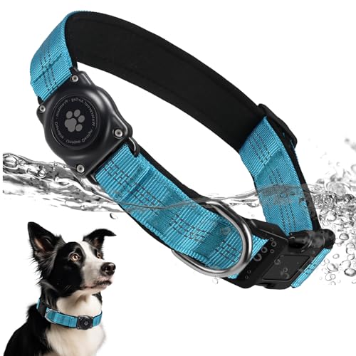AirTag Dog Collar Holder, Waterproof & Reflective, Comfortable Padded, Heavy Duty - Small Medium Large Dogs - Blue