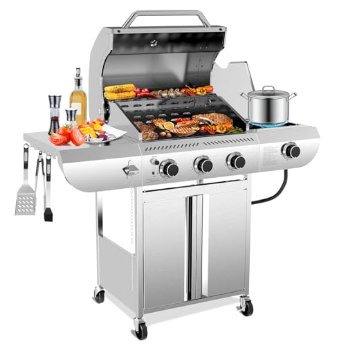 Outdoor BBQ Grill with Side Burner, Cast Iron Grates - Portable Stainless Steel, 3-Burner Propane Gas Grill - Patio/Camping