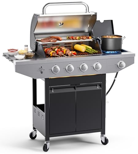 Stainless Steel Gas BBQ Grill with Side Burner, Cast Iron Grates