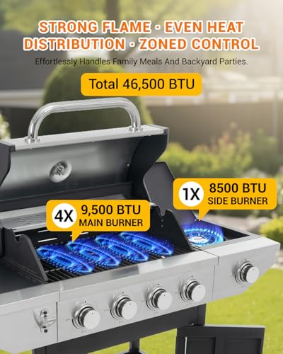 Stainless Steel Gas BBQ Grill with Side Burner, Cast Iron Grates