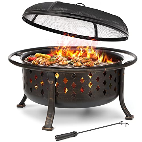 SINGLYFIRE 36" Outdoor Fire Pit: Large Crossweave Wood Burning Bronze Bonfire for Patio Backyard with BBQ Grate & Spark Screen