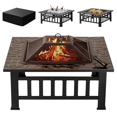 Devoko 32 Inch Firepit Table Metal Outdoor Fire Pit with Waterproof Cover - Patio Camping Fireplaces