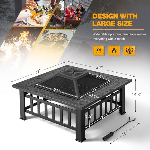 Devoko 32 Inch Firepit Table Metal Outdoor Fire Pit with Waterproof Cover - Patio Camping Fireplaces