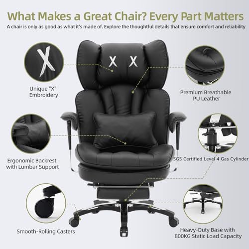 Efomao Big & Tall Office Chair with Footrest - High Back Computer Chair, Adjustable Armrests - Wide Seat, Modern Desk Chair - Ideal for Home Office, Gaming, Study - Black