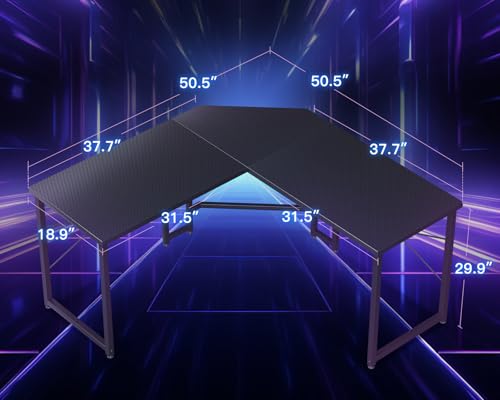 Casaottima Gaming Desk: L-Shaped Corner Table for Home Office, Sturdy Workstation, Easy Assembly, Carbon Fiber Surface, 51 inch Black