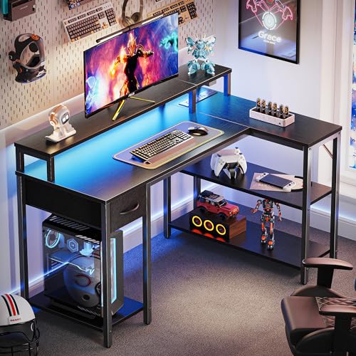 SUPERJARE L-Shaped Gaming Desk w/ Drawer, LED Lights & Shelves