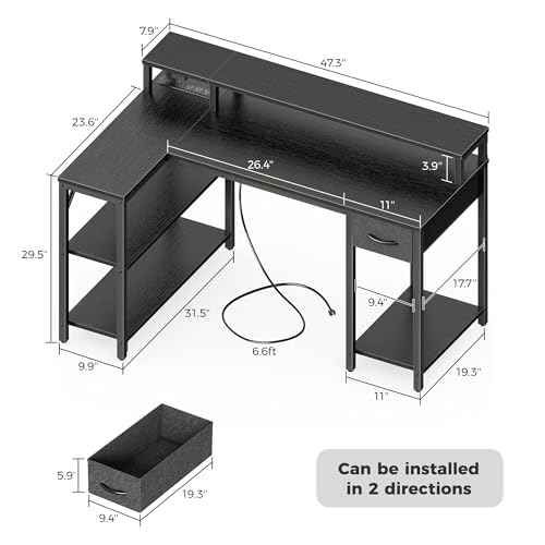 SUPERJARE L-Shaped Gaming Desk w/ Drawer, LED Lights & Shelves