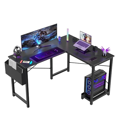 Sweetcrispy L Shaped Desk - Corner Gaming PC Table with CPU Stand - Sturdy Black Writing Workstation for Home Office
