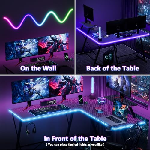 Mr IRONSTONE Gaming Desk, LED Lights, L-Shaped Corner, Cup Holder, Headphone Hook, Large Monitor Stand, Carbon Fiber Surface, Black 51 inch