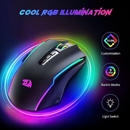 Redragon Wireless Gaming Mouse 8000 DPI Fire Button RGB Ergonomic Rechargeable - PC Gamer Mouse for Windows, Mac - Black