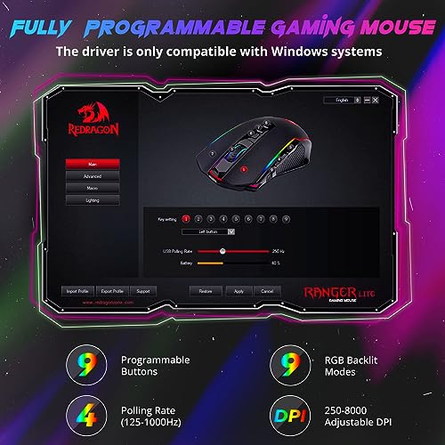 Redragon Wireless Gaming Mouse 8000 DPI Fire Button RGB Ergonomic Rechargeable - PC Gamer Mouse for Windows, Mac - Black
