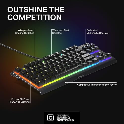 SteelSeries Apex 3 TKL Gaming Keyboard, Compact 8-Zone RGB, Quiet Switch