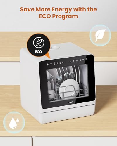 HAVA 2025 Countertop Dishwasher: Water Softener, Energy Efficient, 8 Wash Programs, Child Lock & Delayed Start - Portable & Easy Setup