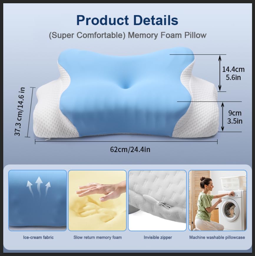 AmzHandler Neck Pain Relief Memory Foam Pillow - Orthopaedic Support for Side, Back & Stomach Sleepers - Cooling Ice Silk Cover, Blue
