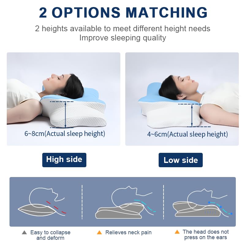 AmzHandler Neck Pain Relief Memory Foam Pillow - Orthopaedic Support for Side, Back & Stomach Sleepers - Cooling Ice Silk Cover, Blue