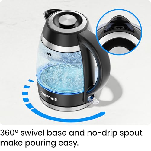 Chefman 1.8L Electric Kettle: 1500W, Auto Shut Off, Boil-Dry Protection, Stainless Steel Filter, BPA-Free