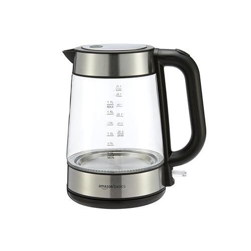 Amazon Basics Glass Carafe Electric Kettle for Tea/Coffee, BPA-Free, Fast Boil, Auto Shut-Off, 1.8L, 1500W, Black/Silver