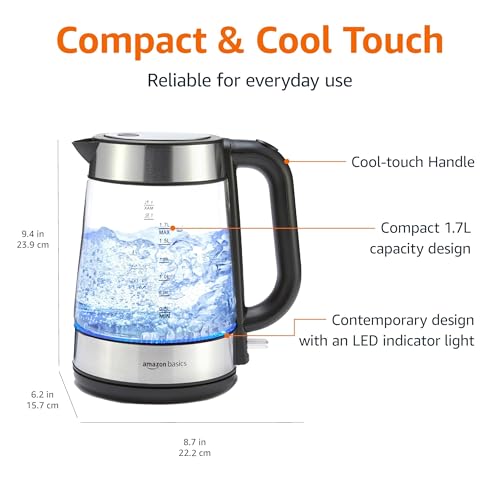 Amazon Basics Glass Carafe Electric Kettle for Tea/Coffee, BPA-Free, Fast Boil, Auto Shut-Off, 1.8L, 1500W, Black/Silver