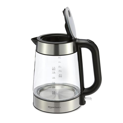 Amazon Basics Glass Carafe Electric Kettle for Tea/Coffee, BPA-Free, Fast Boil, Auto Shut-Off, 1.8L, 1500W, Black/Silver