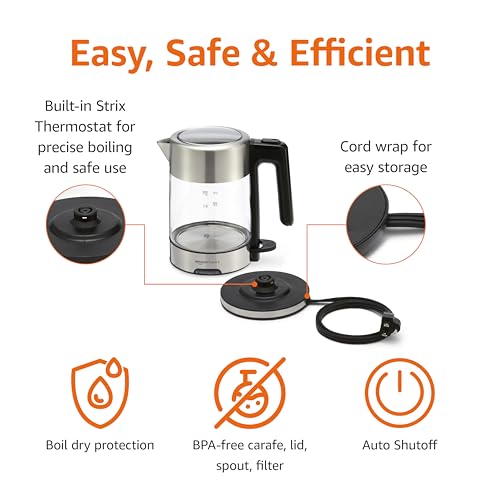 Amazon Basics Glass Carafe Electric Kettle for Tea/Coffee, BPA-Free, Fast Boil, Auto Shut-Off, 1.8L, 1500W, Black/Silver
