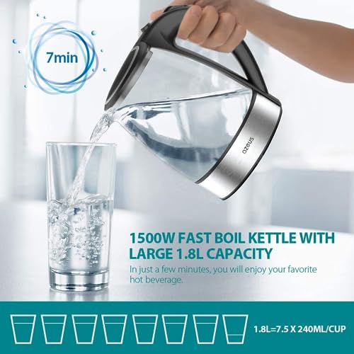 AZEUS 1.8L Fast Boil Electric Kettle, Auto Shut-Off, BPA-Free Glass & Steel