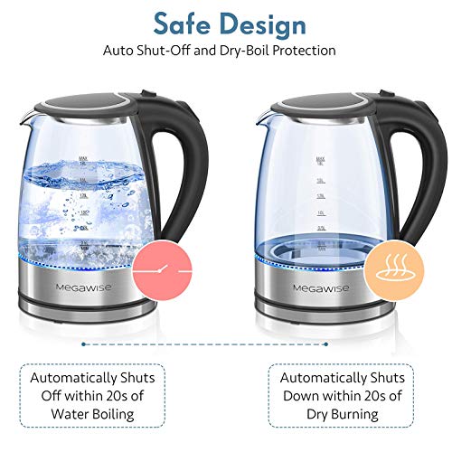 MegaWise Glass Tea Kettle, 1.8L with LED Light, Fast Boiling