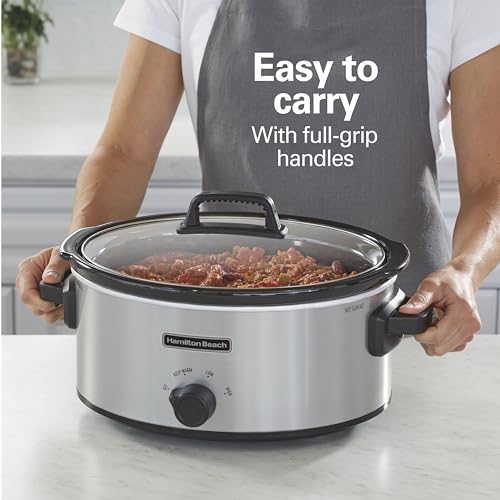 Hamilton Beach 6-Qt Slow Cooker: 3 Cooking Settings, Stoneware Crock & Glass Lid, Dishwasher-Safe - Silver